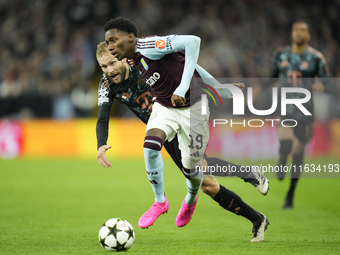 Jaden Philogene left winger of Aston Villa and England and Konrad Laimer central midfield of Bayern Munich and Austria compete for the ball...