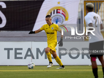 Hugo Sacco, goalkeeper of Hibernians, is in action during the Malta 360 Sports Premier League soccer match between Hamrun Spartans and Hiber...