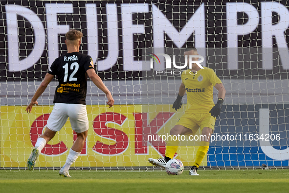 Hugo Sacco, goalkeeper of Hibernians, is in action during the Malta 360 Sports Premier League soccer match between Hamrun Spartans and Hiber...