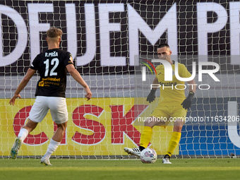 Hugo Sacco, goalkeeper of Hibernians, is in action during the Malta 360 Sports Premier League soccer match between Hamrun Spartans and Hiber...