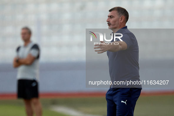 In Ta' Qali, Malta, on October 2, 2024, Alessandro Zinnari, head coach of Hamrun Spartans, gestures during the Malta 360 Sports Premier Leag...