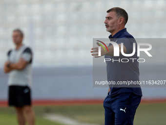 In Ta' Qali, Malta, on October 2, 2024, Alessandro Zinnari, head coach of Hamrun Spartans, gestures during the Malta 360 Sports Premier Leag...