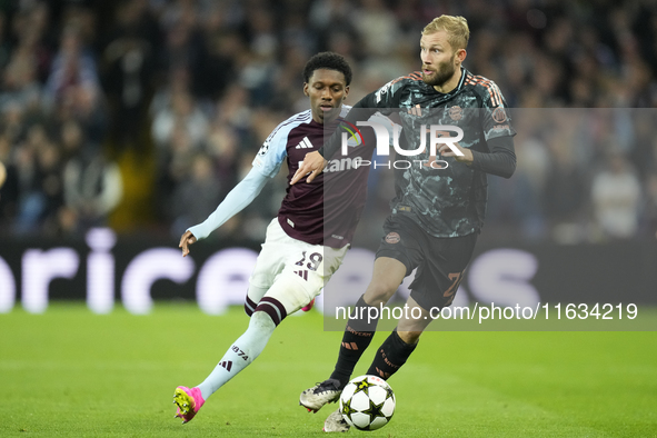 Konrad Laimer central midfield of Bayern Munich and Austria and Jaden Philogene left winger of Aston Villa and England compete for the ball...