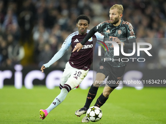 Konrad Laimer central midfield of Bayern Munich and Austria and Jaden Philogene left winger of Aston Villa and England compete for the ball...