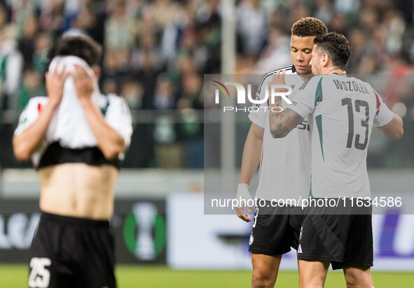 Ryoya Morishita , Steve Kapuadi , Pawel Wszolek  during UEFA Conference League match Legia Warsaw vs Real Betis in Warsaw Poland on 3 Octobe...