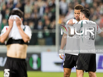 Ryoya Morishita , Steve Kapuadi , Pawel Wszolek  during UEFA Conference League match Legia Warsaw vs Real Betis in Warsaw Poland on 3 Octobe...