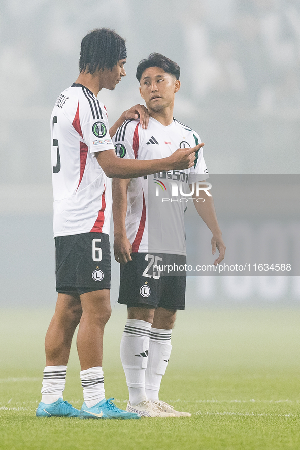 Maxi Oyedele , Ryoya Morishita  during UEFA Conference League match Legia Warsaw vs Real Betis in Warsaw Poland on 3 October 2024. 