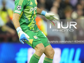 Emiliano Martinez goalkeeper of Aston Villa and Argentina during the UEFA Champions League 2024/25 League Phase MD2 match between Aston Vill...