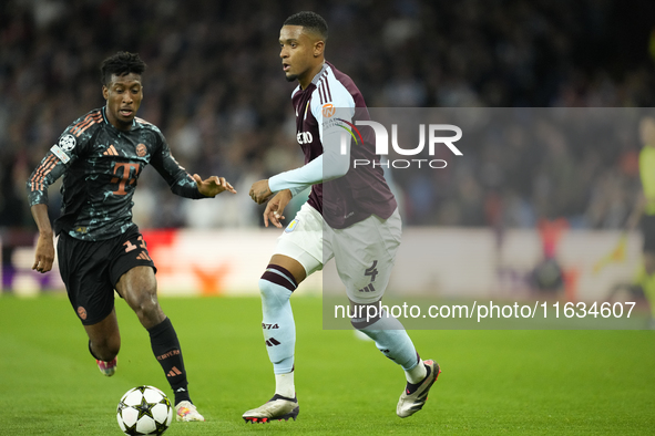 Ezri Konsa centre-back of Aston Villa and England and Kingsley Coman left winger of Bayern Munich and Francecompete for the ball during the...