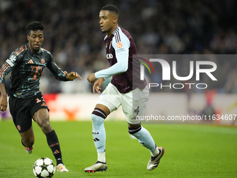 Ezri Konsa centre-back of Aston Villa and England and Kingsley Coman left winger of Bayern Munich and Francecompete for the ball during the...