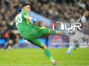 Emiliano Martinez goalkeeper of Aston Villa and Argentina during the UEFA Champions League 2024/25 League Phase MD2 match between Aston Vill...