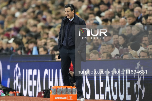 Unai Emery head coach of Aston Villa during the UEFA Champions League 2024/25 League Phase MD2 match between Aston Villa FC and FC Bayern Mu...