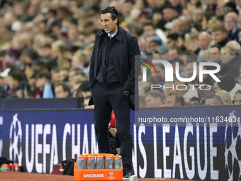 Unai Emery head coach of Aston Villa during the UEFA Champions League 2024/25 League Phase MD2 match between Aston Villa FC and FC Bayern Mu...