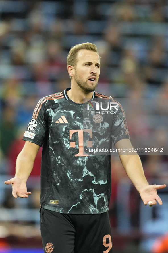 Harry Kane centre-forward of Bayern Munich and England reacts during the UEFA Champions League 2024/25 League Phase MD2 match between Aston...