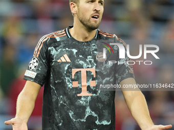 Harry Kane centre-forward of Bayern Munich and England reacts during the UEFA Champions League 2024/25 League Phase MD2 match between Aston...