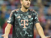 Harry Kane centre-forward of Bayern Munich and England reacts during the UEFA Champions League 2024/25 League Phase MD2 match between Aston...