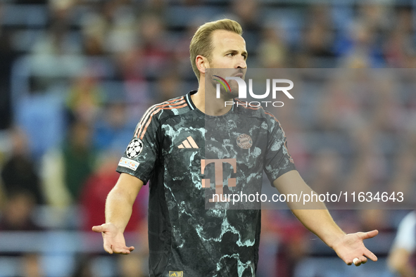 Harry Kane centre-forward of Bayern Munich and England reacts during the UEFA Champions League 2024/25 League Phase MD2 match between Aston...