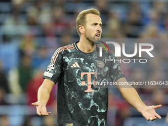 Harry Kane centre-forward of Bayern Munich and England reacts during the UEFA Champions League 2024/25 League Phase MD2 match between Aston...