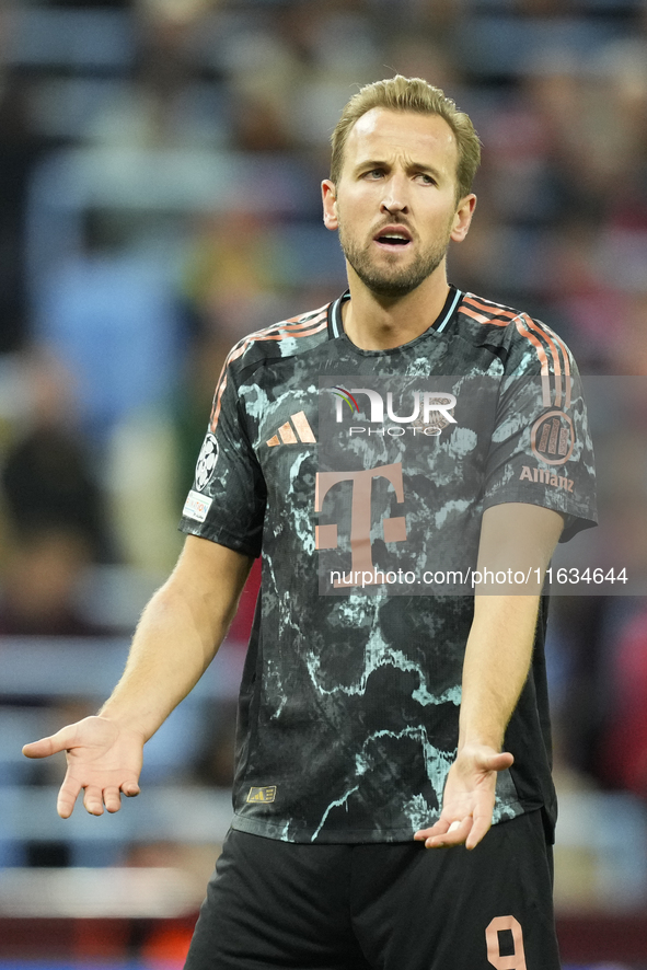 Harry Kane centre-forward of Bayern Munich and England reacts during the UEFA Champions League 2024/25 League Phase MD2 match between Aston...