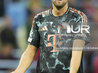 Harry Kane centre-forward of Bayern Munich and England reacts during the UEFA Champions League 2024/25 League Phase MD2 match between Aston...