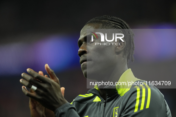 Amadou Onana defensive midfield of Aston Villa and Belgium during the warm-up before the UEFA Champions League 2024/25 League Phase MD2 matc...