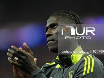 Amadou Onana defensive midfield of Aston Villa and Belgium during the warm-up before the UEFA Champions League 2024/25 League Phase MD2 matc...