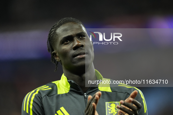 Amadou Onana defensive midfield of Aston Villa and Belgium during the warm-up before the UEFA Champions League 2024/25 League Phase MD2 matc...