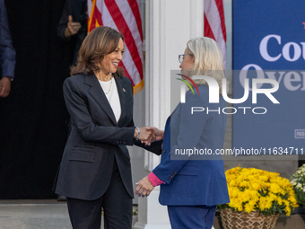 Kamala Harris greets former Republican Liz Cheney, who supports the Harris/Walz ticket , in Ripon, Wisconsin, USA, on october 03, 2024. (