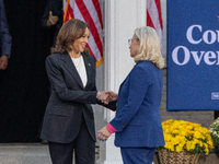 Kamala Harris greets former Republican Liz Cheney, who supports the Harris/Walz ticket , in Ripon, Wisconsin, USA, on october 03, 2024. (