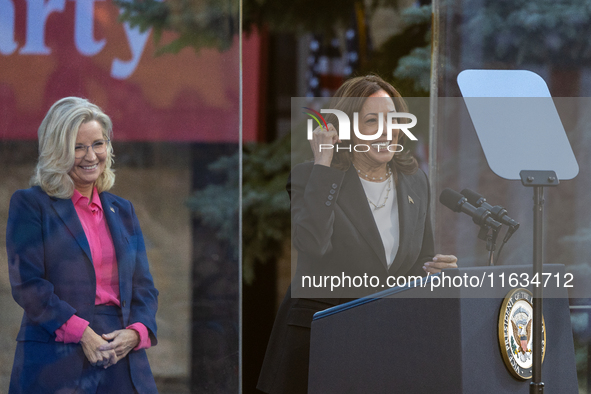 Kamala Harris greets former Republican Liz Cheney, who supports the Harris/Walz ticket , in Ripon, Wisconsin, USA, on october 03, 2024. 