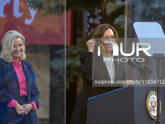 Kamala Harris greets former Republican Liz Cheney, who supports the Harris/Walz ticket , in Ripon, Wisconsin, USA, on october 03, 2024. (