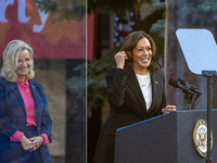 Kamala Harris greets former Republican Liz Cheney, who supports the Harris/Walz ticket , in Ripon, Wisconsin, USA, on october 03, 2024. (