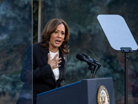 Kamala Harris greets former Republican Liz Cheney, who supports the Harris/Walz ticket , in Ripon, Wisconsin, USA, on october 03, 2024. (