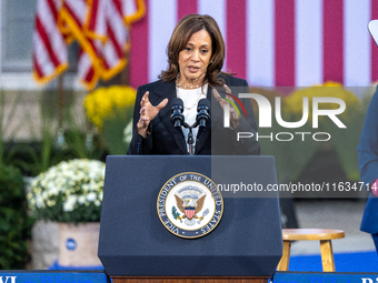 Kamala Harris greets former Republican Liz Cheney, who supports the Harris/Walz ticket , in Ripon, Wisconsin, USA, on october 03, 2024. (