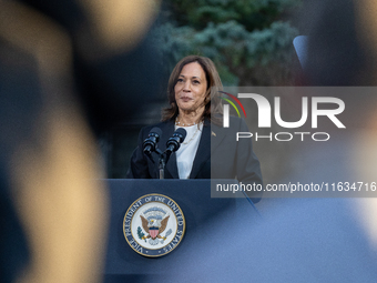 Kamala Harris greets former Republican Liz Cheney, who supports the Harris/Walz ticket , in Ripon, Wisconsin, USA, on october 03, 2024. (