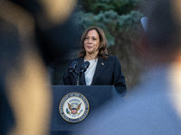 Kamala Harris greets former Republican Liz Cheney, who supports the Harris/Walz ticket , in Ripon, Wisconsin, USA, on october 03, 2024. (