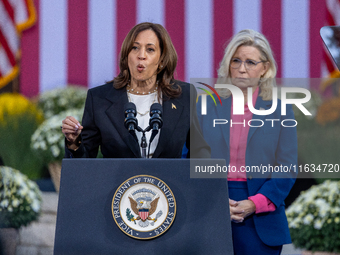 Kamala Harris greets former Republican Liz Cheney, who supports the Harris/Walz ticket , in Ripon, Wisconsin, USA, on october 03, 2024. (