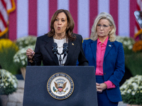 Kamala Harris greets former Republican Liz Cheney, who supports the Harris/Walz ticket , in Ripon, Wisconsin, USA, on october 03, 2024. (