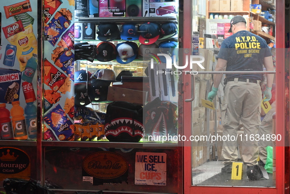 Crime scene investigators from the NYPD place evidence markers and search for clues at the scene where a 29-year-old woman is fatally stabbe...