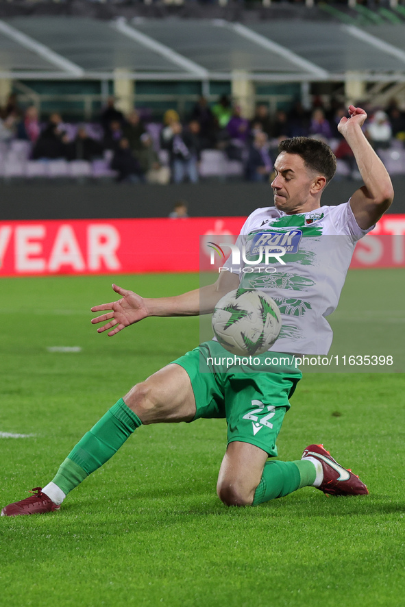 Danny Davies of The New Saints controls the ball during the Conference League match between ACF Fiorentina and The New Saints, on October 3...