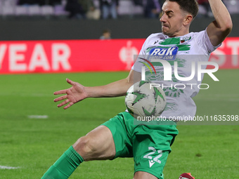 Danny Davies of The New Saints controls the ball during the Conference League match between ACF Fiorentina and The New Saints, on October 3...