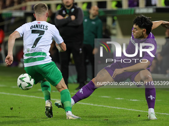 Riccardo Sottil of ACF Fiorentina and Joshua Daniels of The New Saints ,battle for the ball during  the Conference League match between ACF...