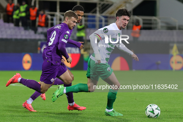 Rory Holden of The New Saints controls the ball during the Conference League match between ACF Fiorentina and The New Saints, on October 3 ,...