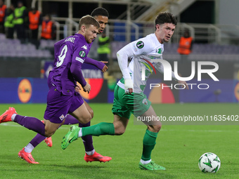 Rory Holden of The New Saints controls the ball during the Conference League match between ACF Fiorentina and The New Saints, on October 3 ,...