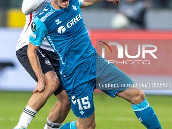 Kacper Chodyna and Romain Perraud  are playing during UEFA Conference League match between Legia Warsaw and Real Betis in Warsaw Poland on 3...