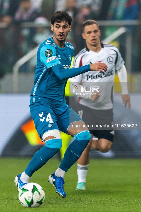 Johnny Cardoso  is playing during UEFA Conference League match between Legia Warsaw and Real Betis in Warsaw Poland on 3 October 2024 in War...