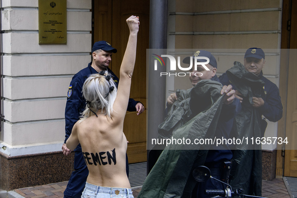 Members of the FEMEN Ukraine group stage a protest in front of the Iranian Embassy in Kyiv, Ukraine, on October 4, 2024, against the deliver...