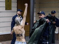 Members of the FEMEN Ukraine group stage a protest in front of the Iranian Embassy in Kyiv, Ukraine, on October 4, 2024, against the deliver...