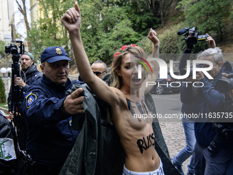 Members of the FEMEN Ukraine group stage a protest in front of the Iranian Embassy in Kyiv, Ukraine, on October 4, 2024, against the deliver...