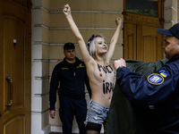 Members of the FEMEN Ukraine group stage a protest in front of the Iranian Embassy in Kyiv, Ukraine, on October 4, 2024, against the deliver...